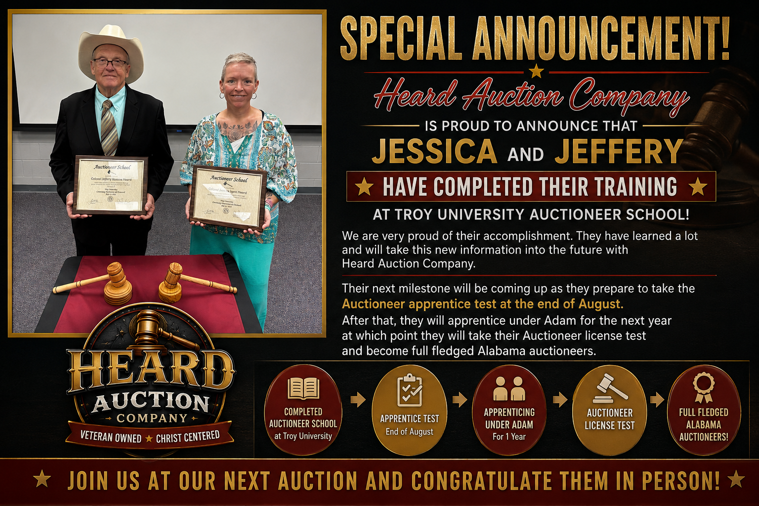Special announcement congratulating Jessica and Jeffery on completing Troy University Auctioneer School